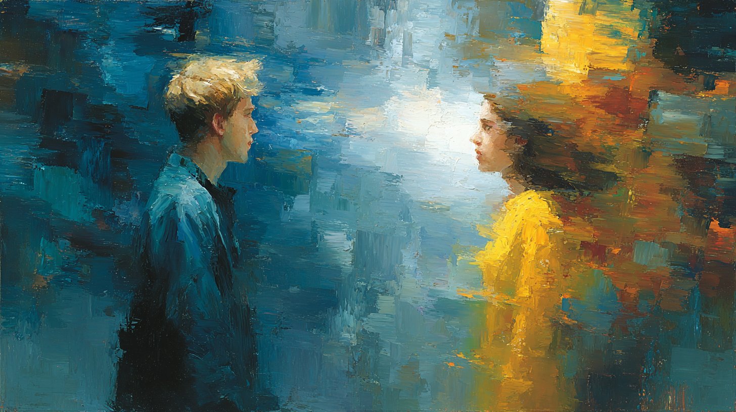 Eine visuelle Darstellung der Verfügbarkeit in Beziehungen, mit einer Figur in chaotischer Umgebung und einer anderen, die ruhig bleibt.