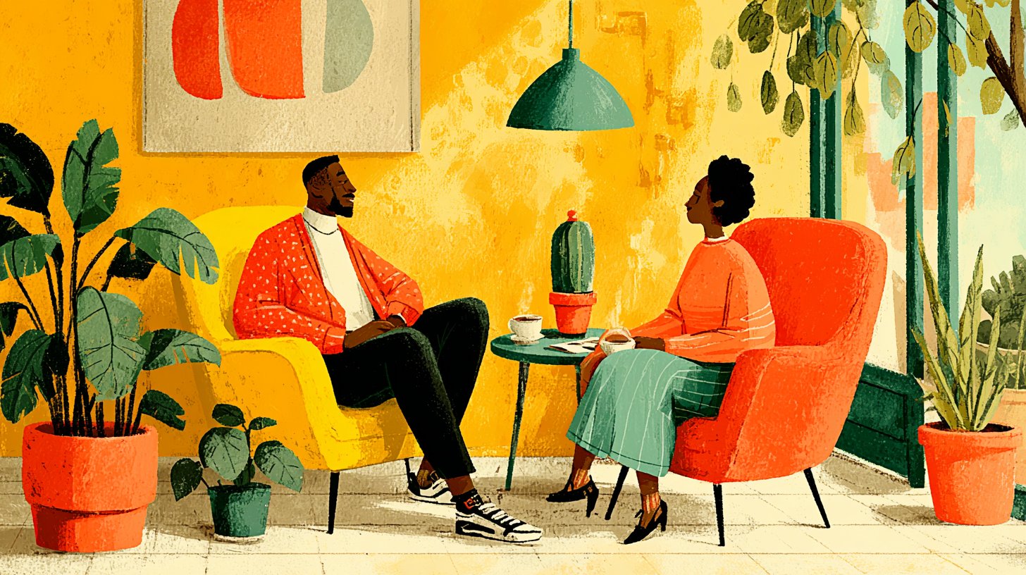 Two individuals engage in a deep conversation at a cozy café.