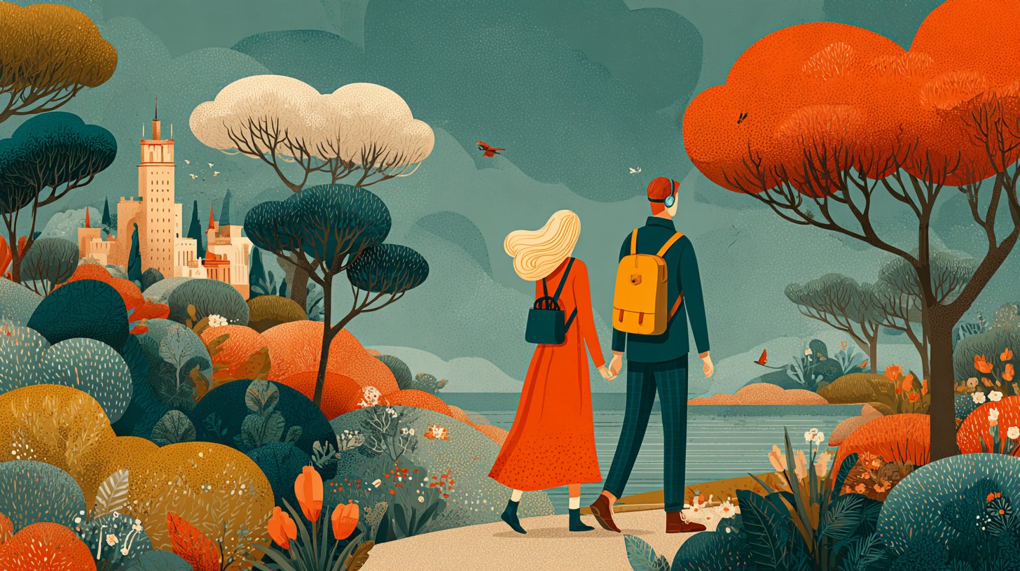 A couple enjoys personal freedom in a beautiful park.