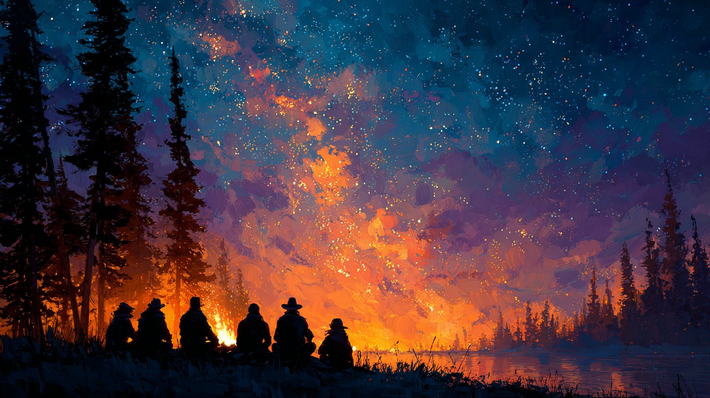 Friends laugh and share experiences around a campfire under the stars.