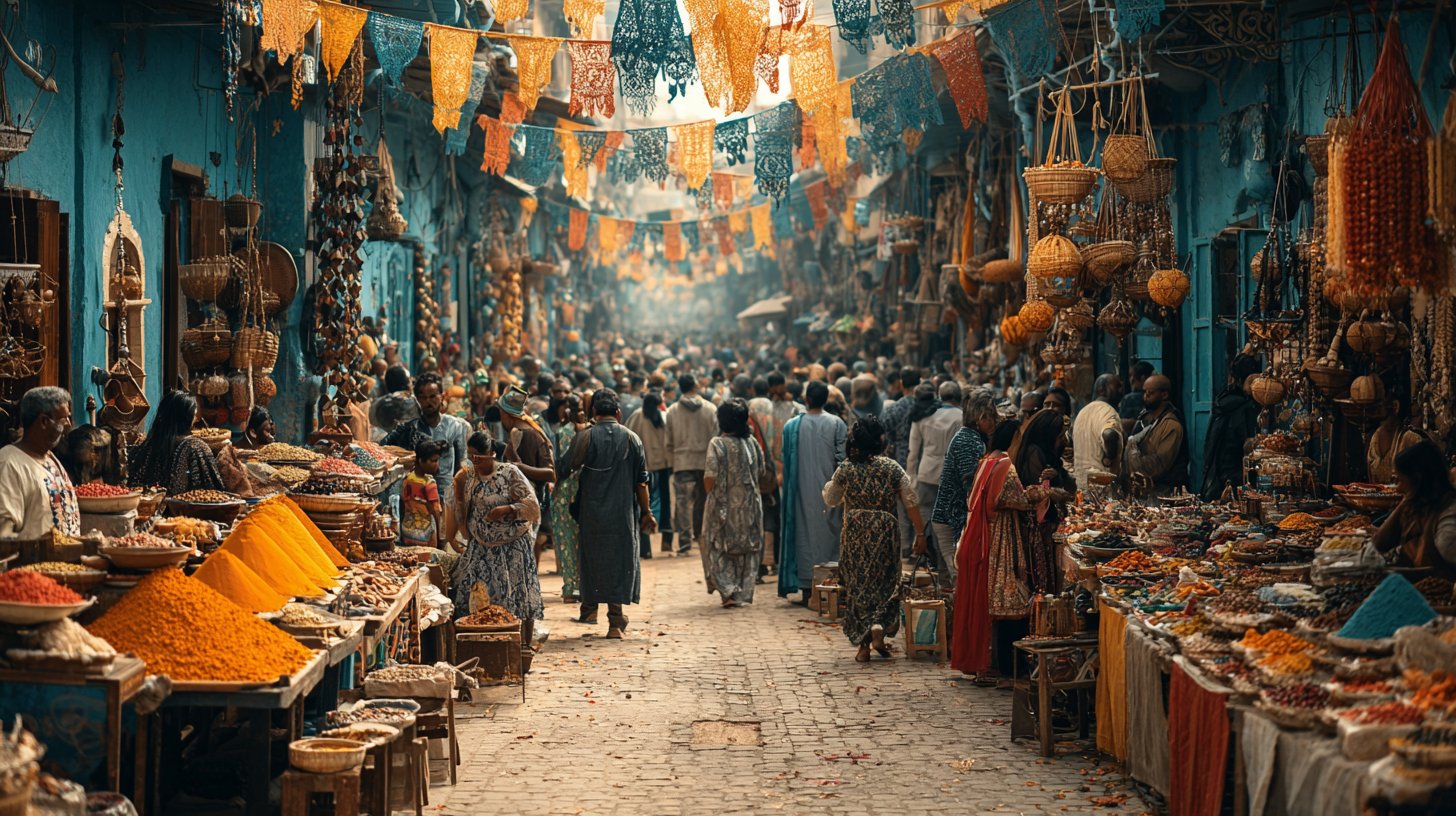 Lebhafte Marktszene mit kulturellem Austausch.