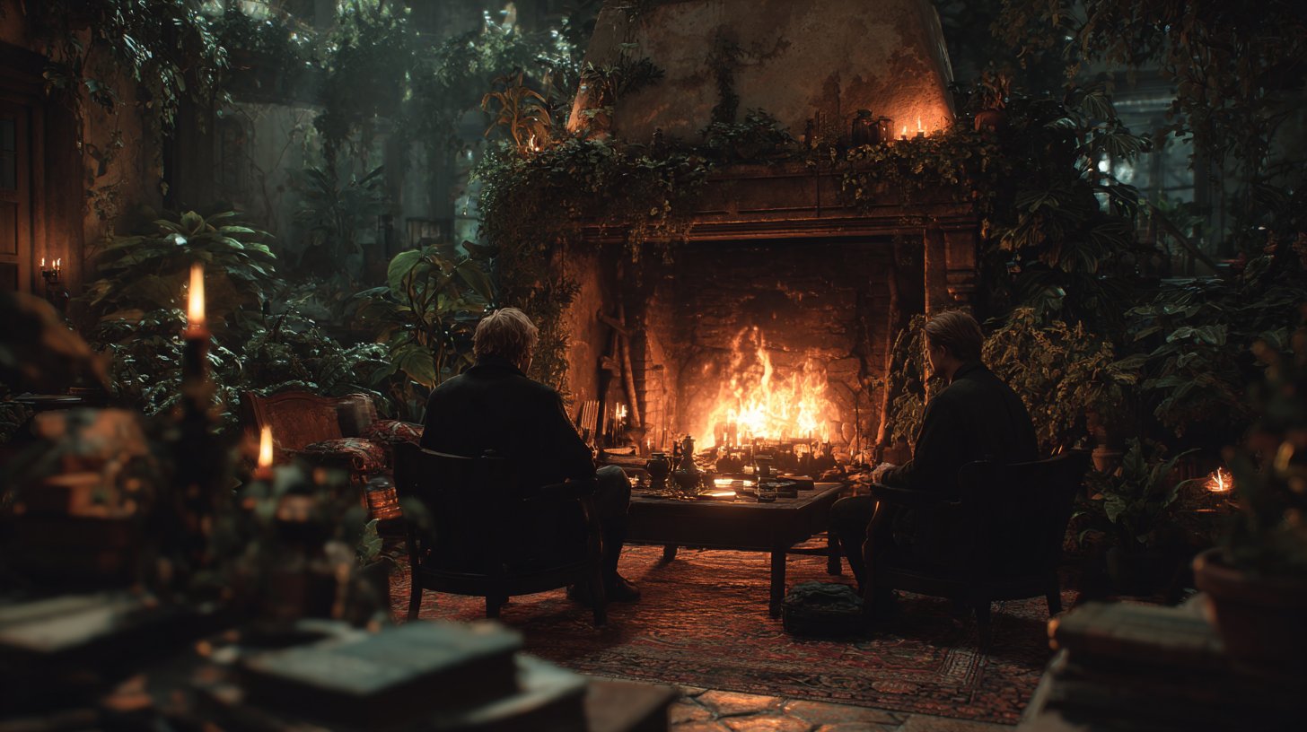 Cozy setting with two individuals deep in conversation by the fireplace.