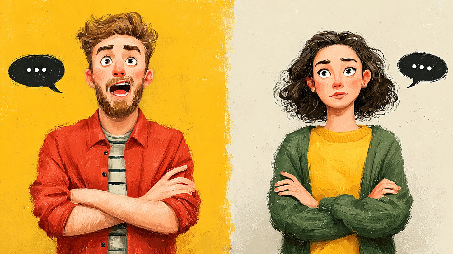 Ein geteiltes Bild, das offene Gesten und geschlossene Körperhaltung gegenüberstellt.