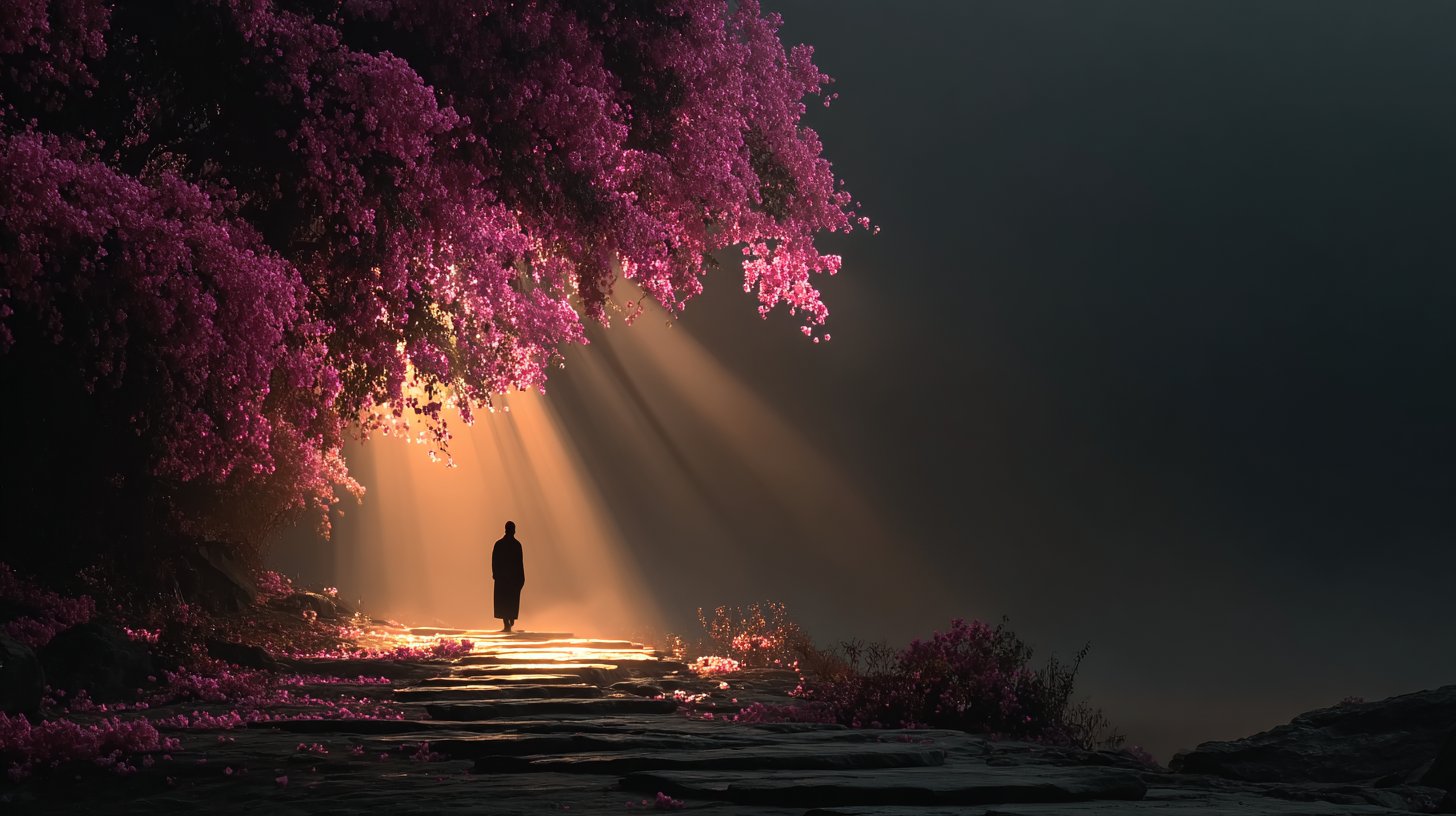 Eine Person auf einem Wachstumspfad, umgeben von blühenden Blumen.