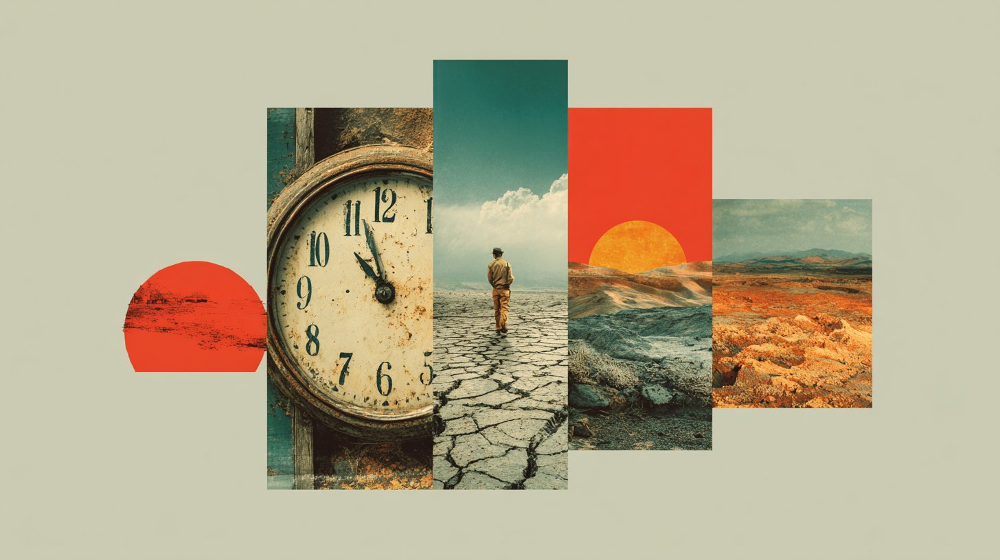 Un réveil cassé et des photos fanées symbolisent l'acceptation du passé.