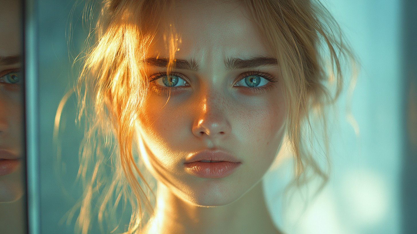 Una persona riflessiva esamina i propri dubbi nello specchio.