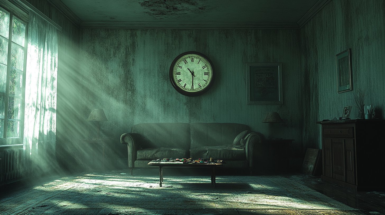 Leeres Wohnzimmer mit einer vergessenen Spielecke, das Zeitmangel reflektiert.