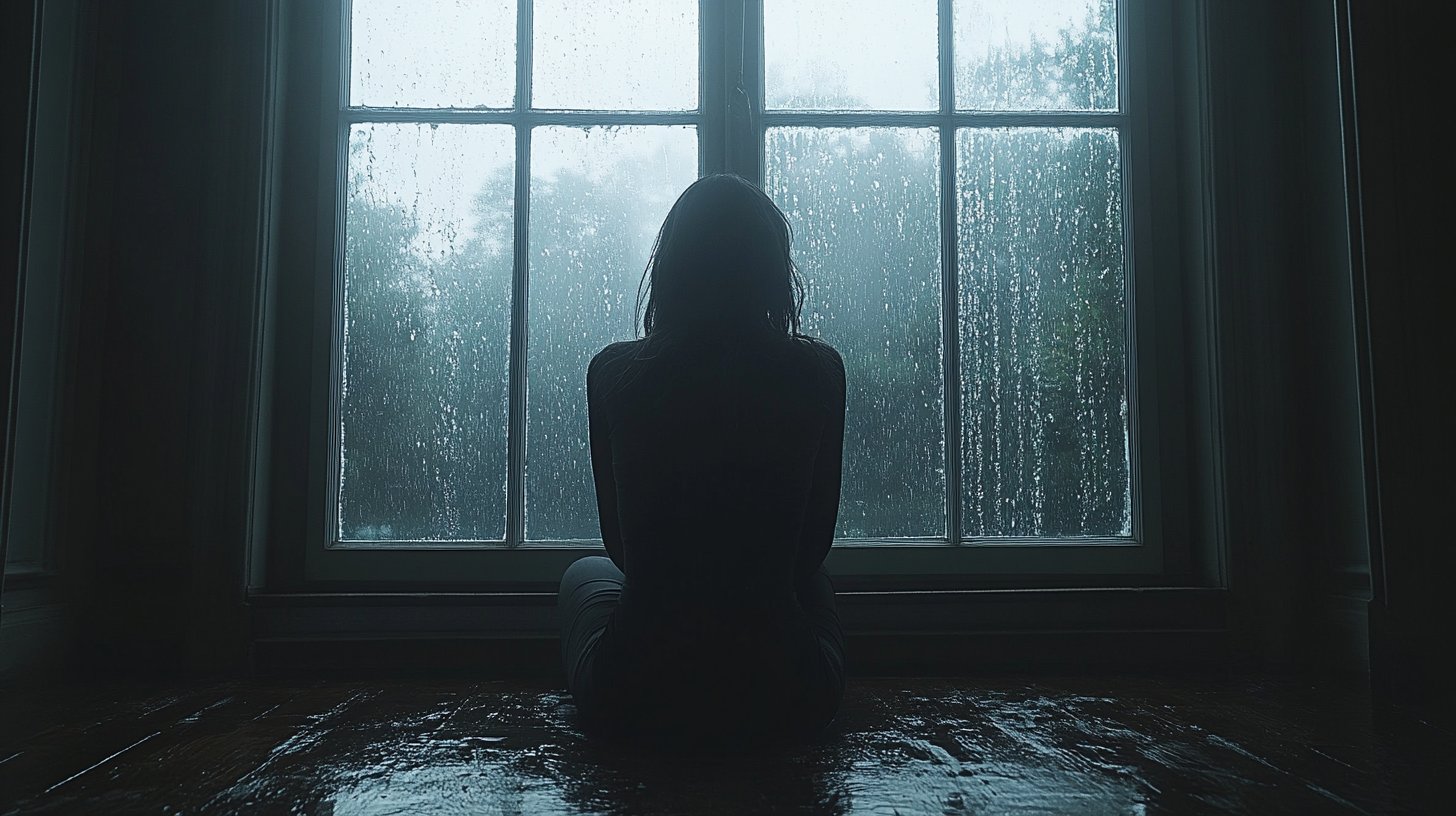 Silhouette einer Person an einem Fenster, die in die regnerische Landschaft blickt.