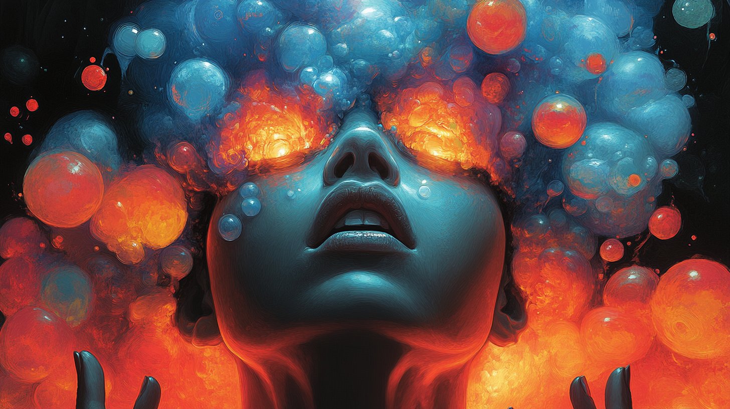 Jemand überwältigt von übertriebenem Lob und Zweifeln.