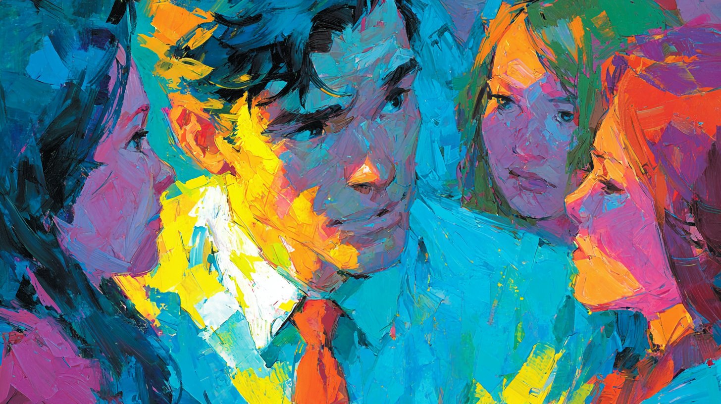 Una visual llamativa de una persona carismática rodeada de admiradores, desprendiendo confianza.