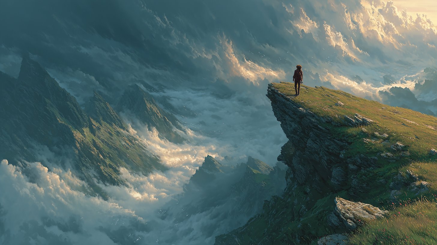 Una escena dinámica de un aventurero atrevido en el borde de un acantilado impresionante, simbolizando libertad.