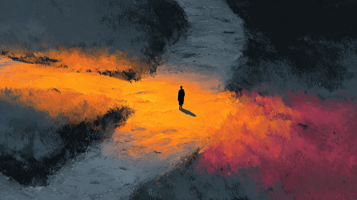 Una representación simbólica de la fobia al compromiso en una encrucijada, reflejando la tensión de la decisión.