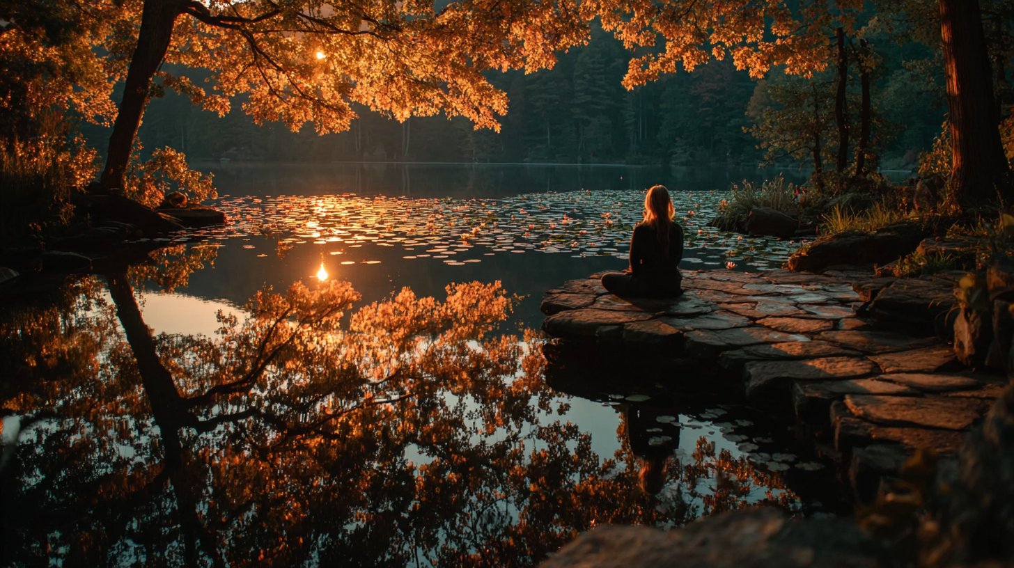 Jemand reflektiert allein am ruhigen See.