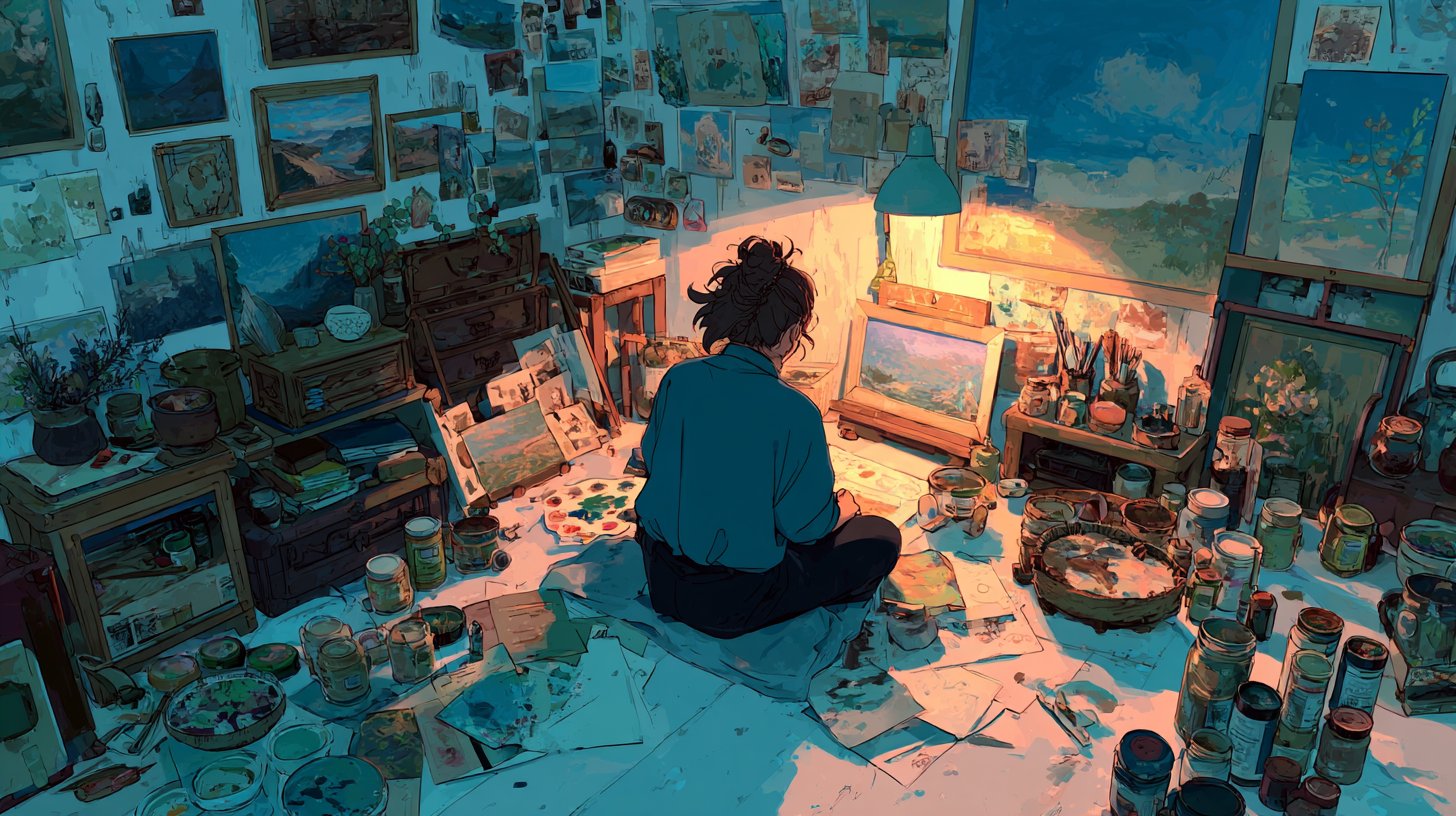 Eine ruhige Person, die ihrem Hobby nachgeht und Kreativität umgibt.