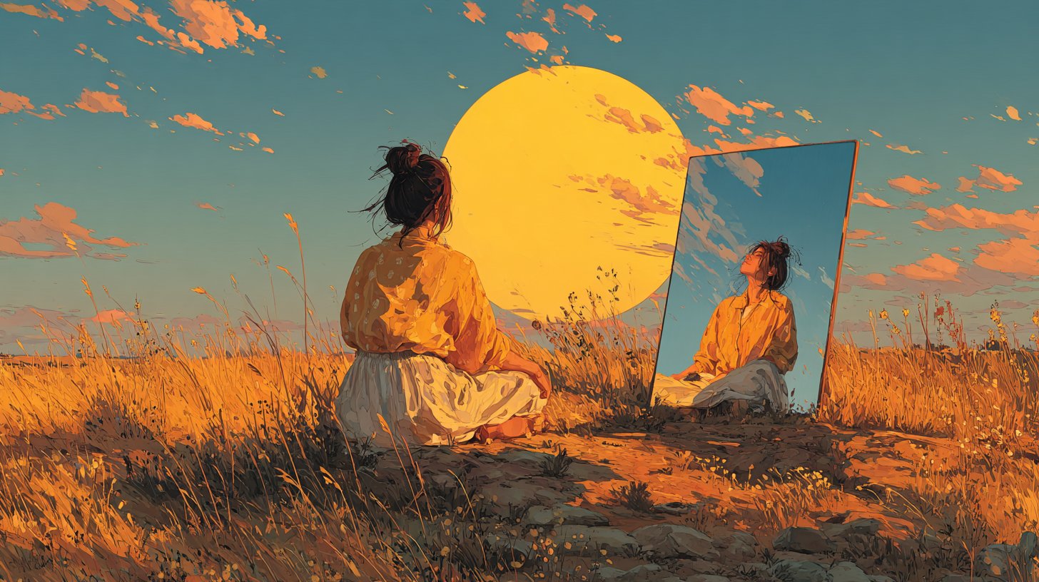 Eine friedliche Selbstreflexion in der Natur mit einem zuversichtlichen Lächeln.