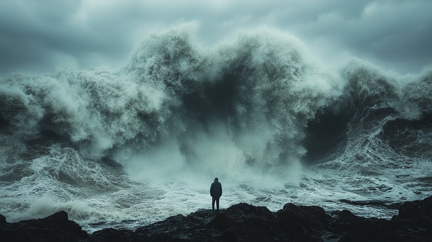 Ein turbulentes Meer mit brechenden Wellen, das den emotionalen Chaos darstellt.