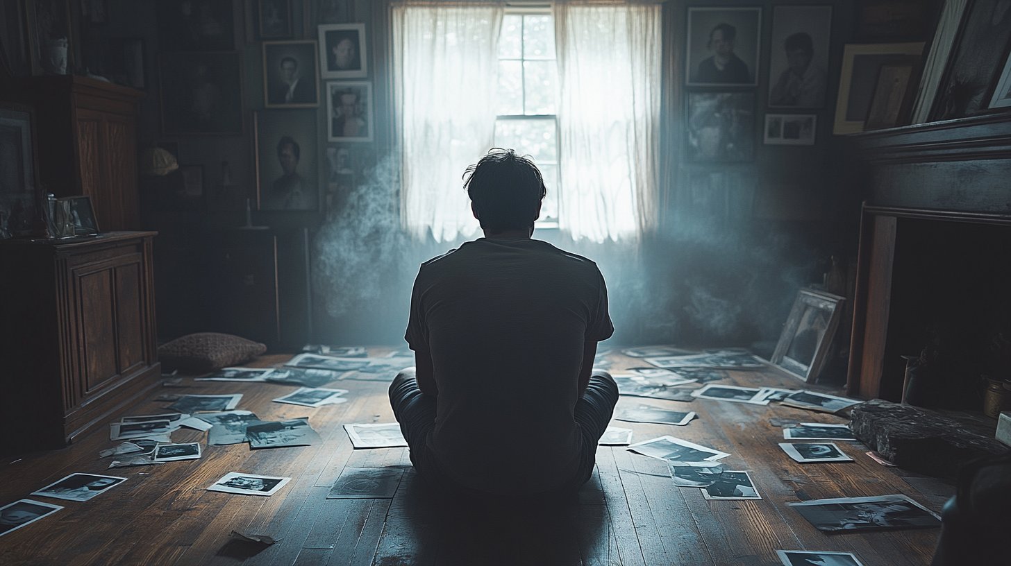 Eine schattenhafte Figur allein in einem schwach beleuchteten Raum, umgeben von verblassenden Fotos.