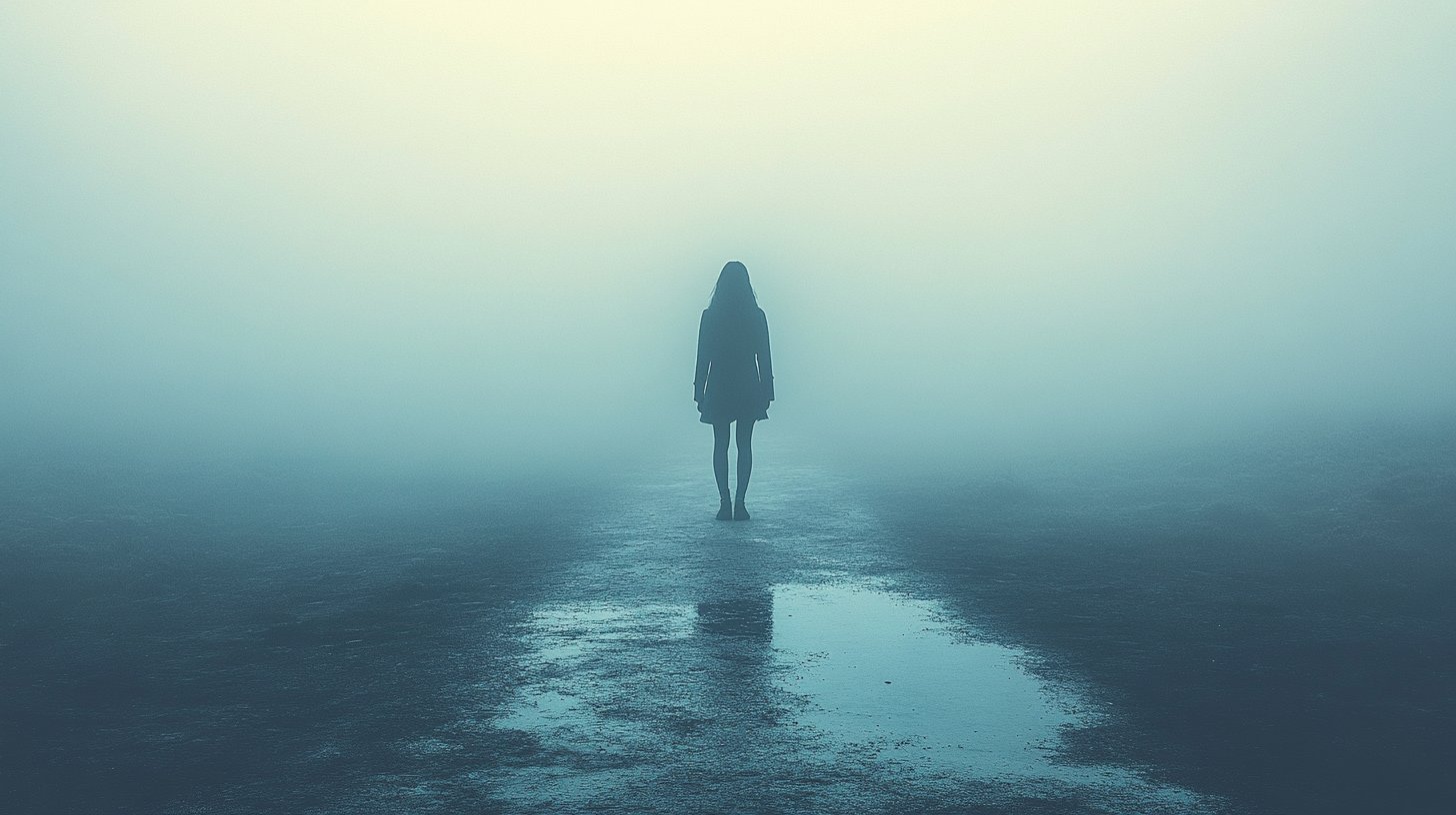 Eine Person an einer Weggabelung, umgeben von Nebel, die Hilflosigkeit und Verwirrung symbolisiert.