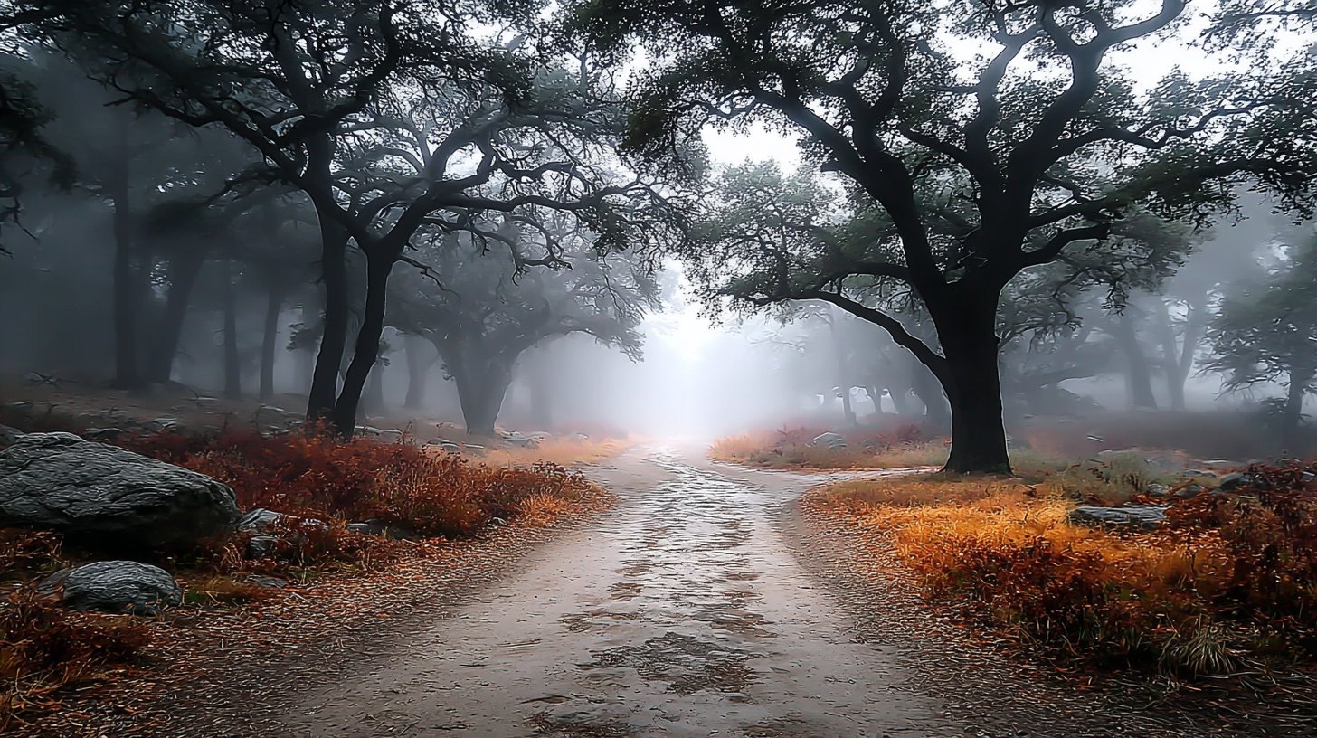 Ein nebliger Pfad mit zwei abzweigenden Wegen.