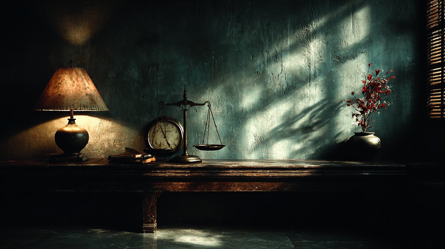 Ein dunkler Raum mit einer tickenden Uhr und Waagen.