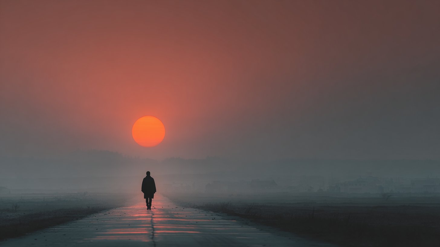 Eine Figur auf einer verlassenen Straße, silhouettiert vor einem Sonnenuntergang.