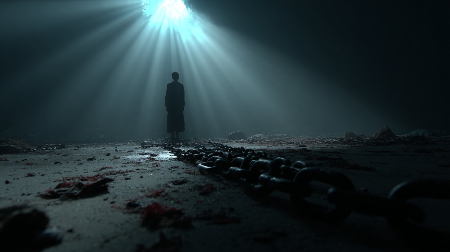 Eine einsame Figur im dramatischen Licht verkörpert Opferrolle.