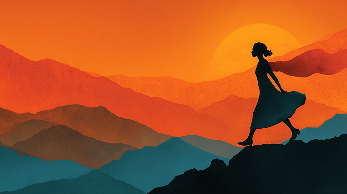 Eine Frau macht mutige Schritte vorwärts in eine ermutigende Zukunft.