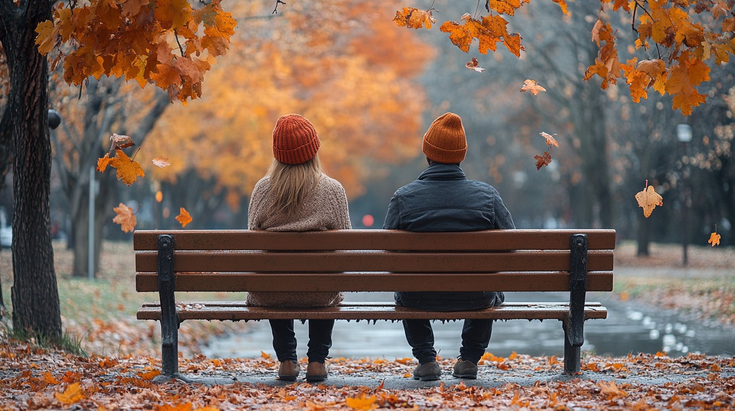 Ein Paar sitzt getrennt auf einer Parkbank, verloren in Gedanken und abgelenkt.