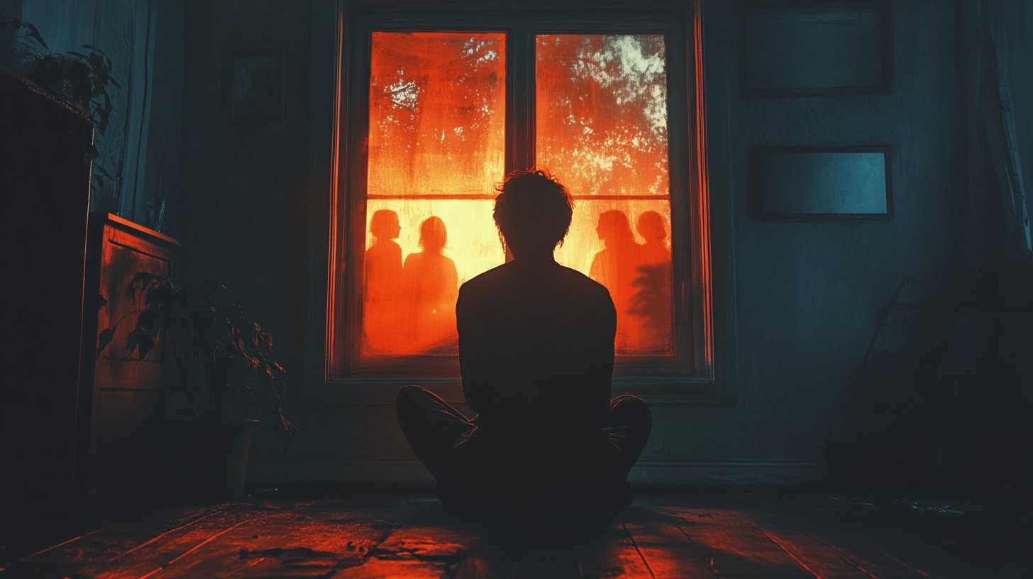 Eine Frau beobachtet eine fröhliche Menschenmenge aus der Entfernung, einsam und sehnsüchtig.