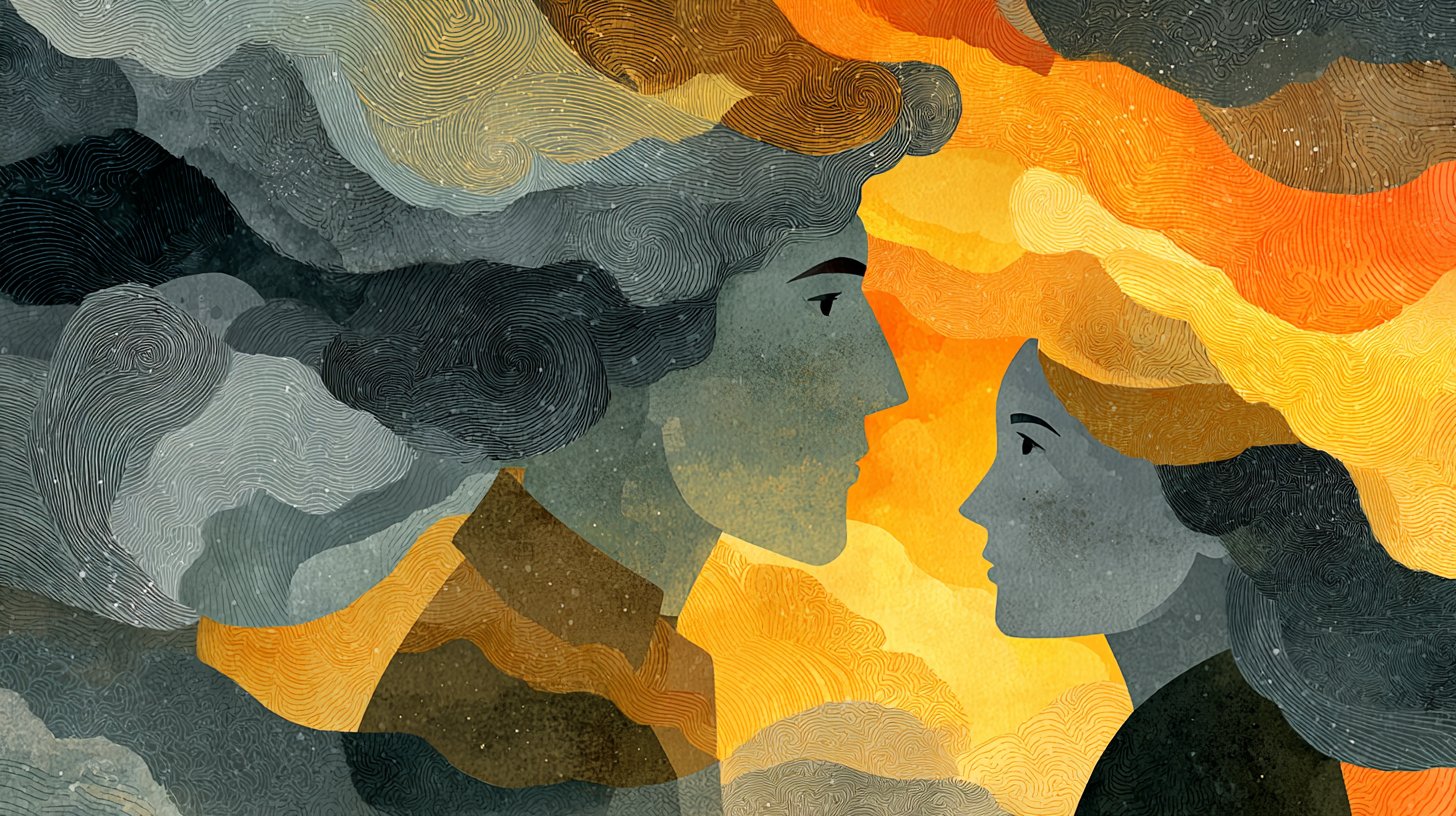 Eine abstrakte Darstellung einer grauen Gedankenwolke über einem Paar, das Unsicherheit und Sorge zeigt.