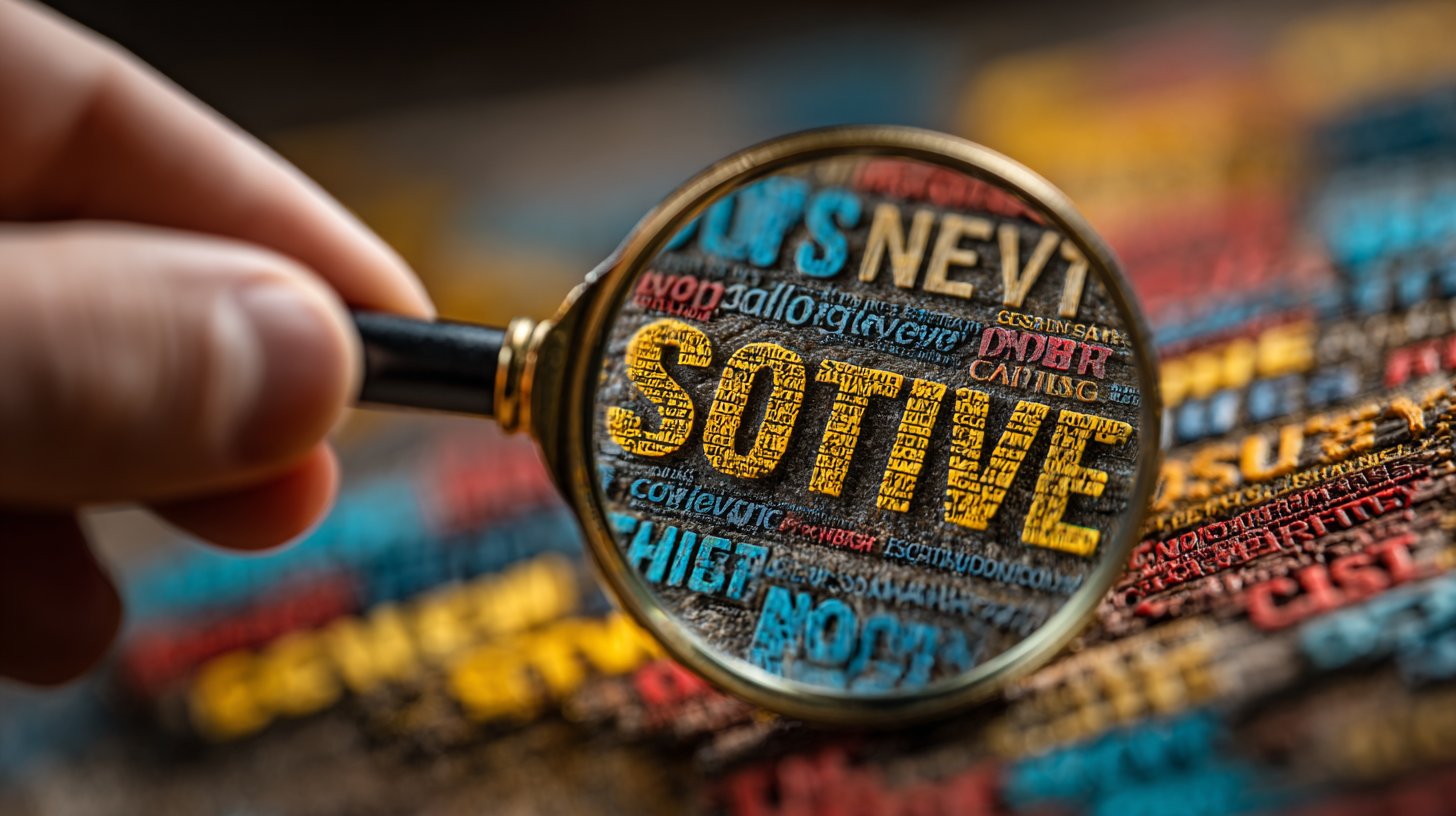 Nahaufnahme einer Hand mit einer Lupe über einem negativen Wortwolke, die den Fokus auf Kritik symbolisiert.