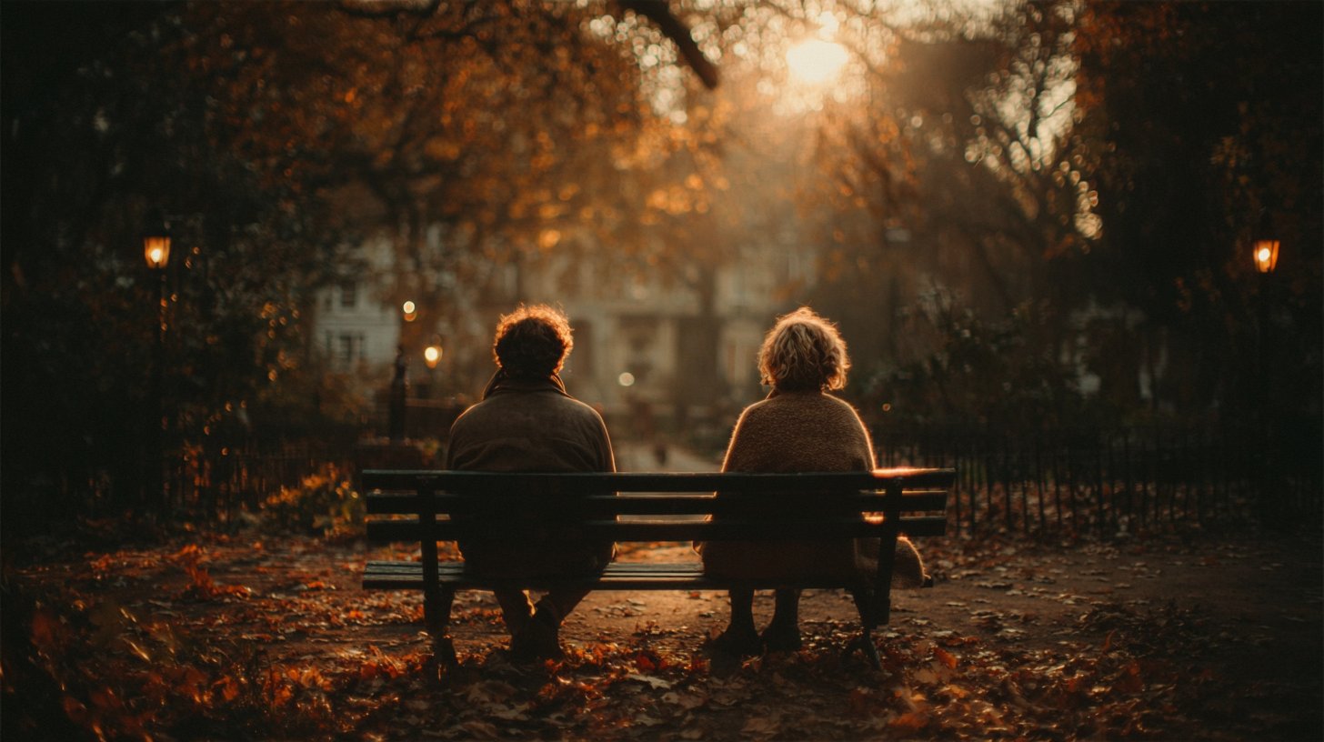 Zwei Personen sitzen Rücken an Rücken auf einer Parkbank und vermeiden Konflikte.