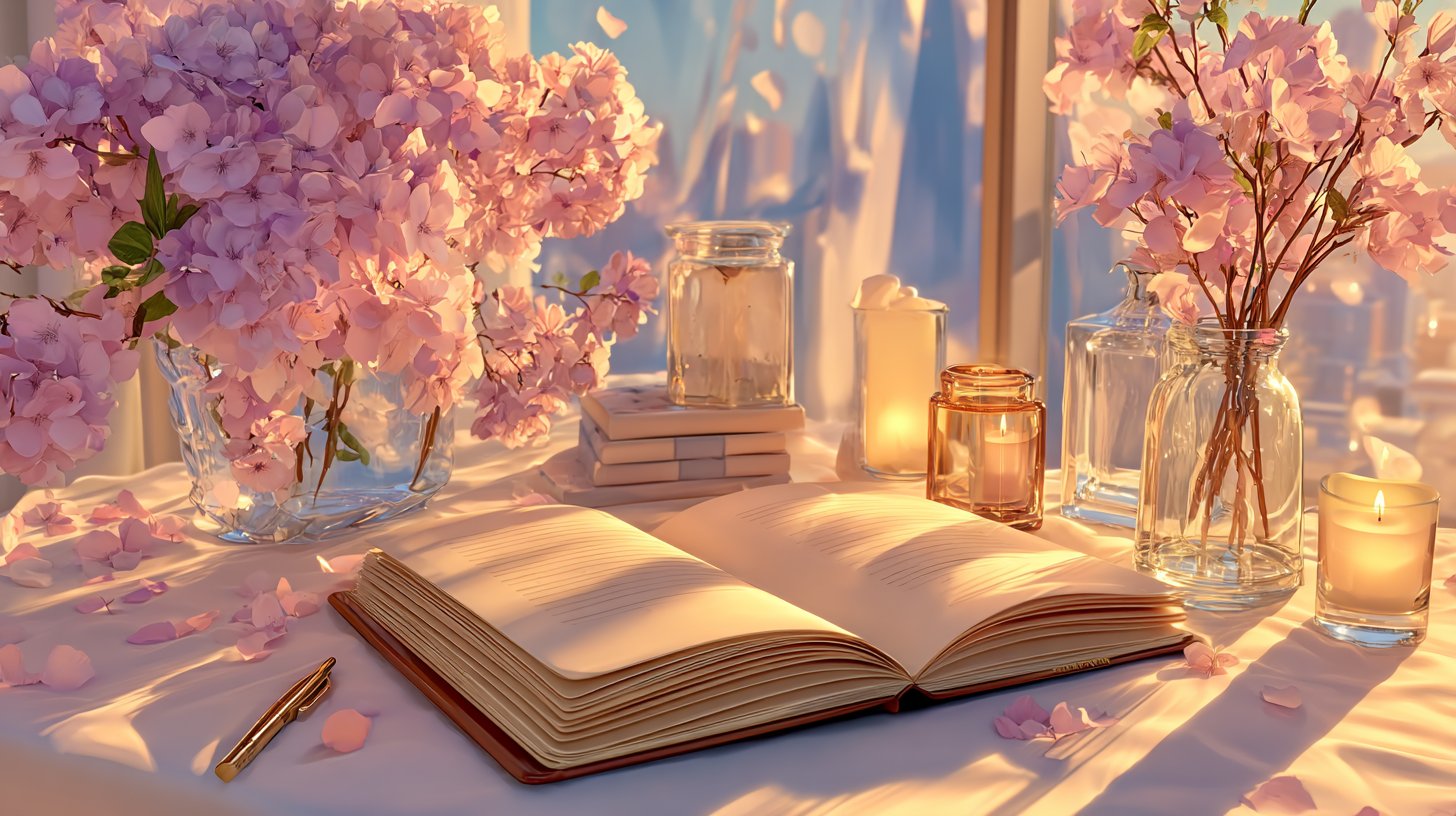 An elegant table scene with a journal, representing gratitude and positive reflections.