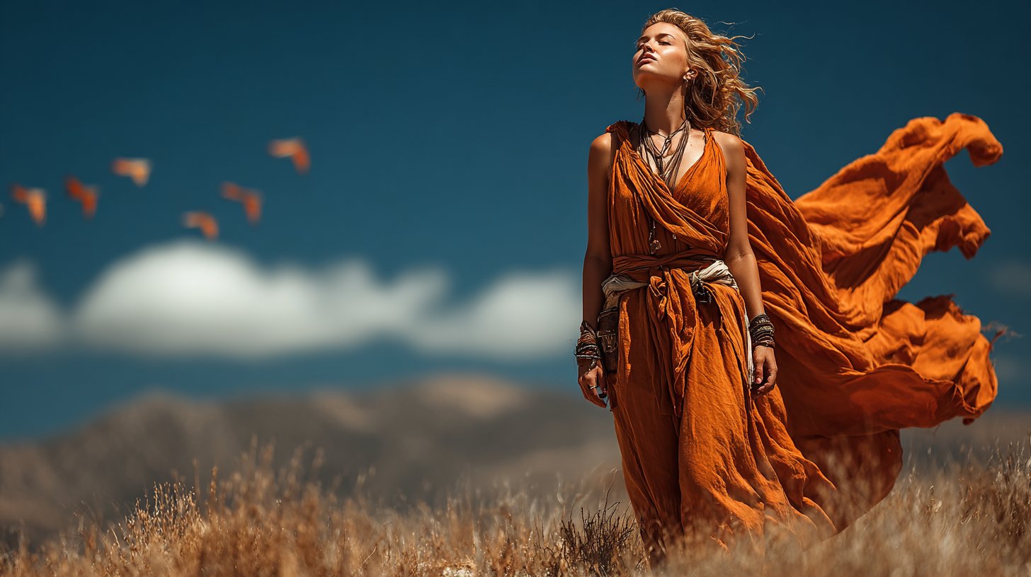 Une femme forte debout dans un beau paysage, symbolisant l'indépendance.
