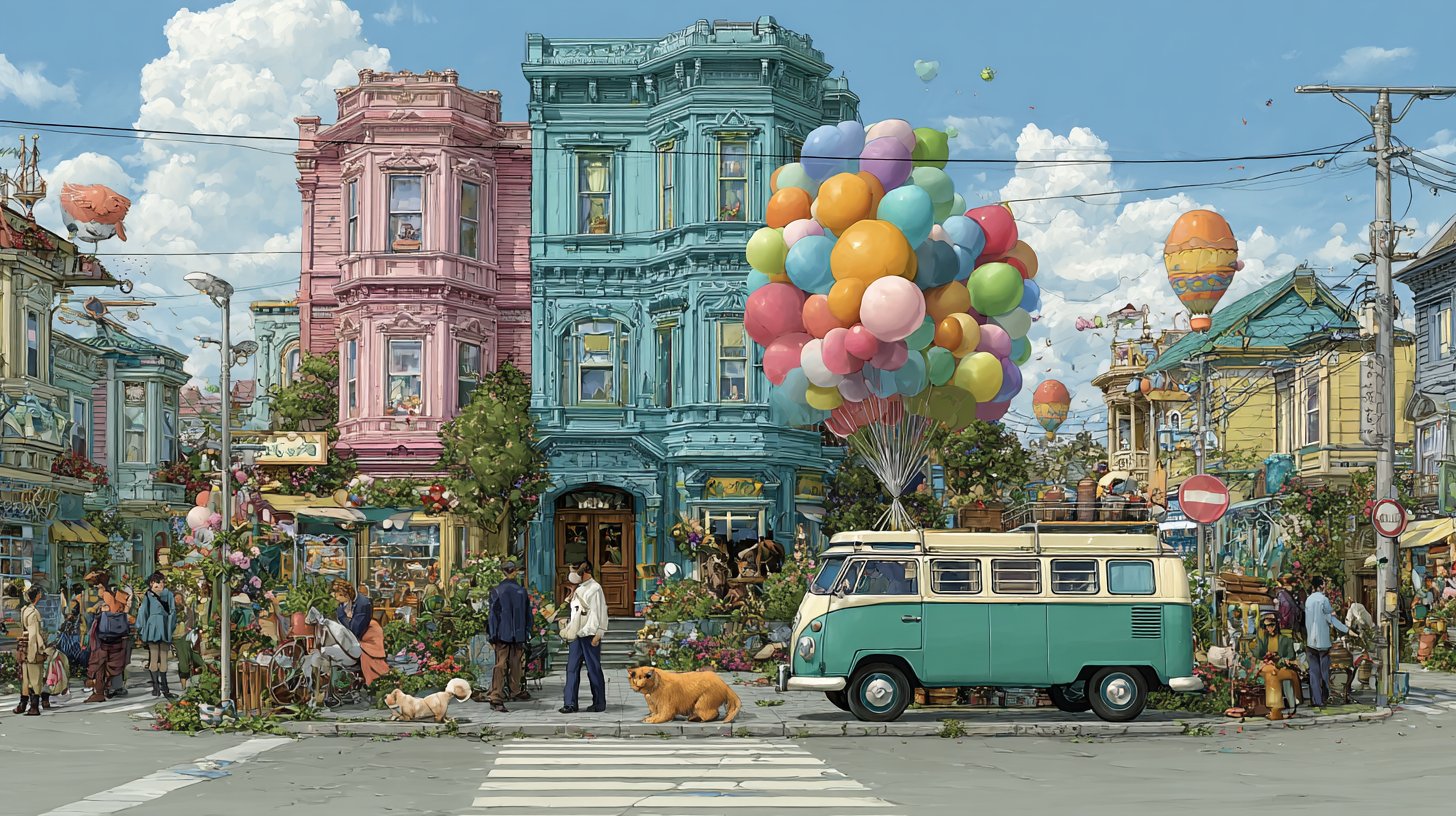 Un cadre fantaisiste avec des ballons colorés et des animaux jouant, créant de la joie.