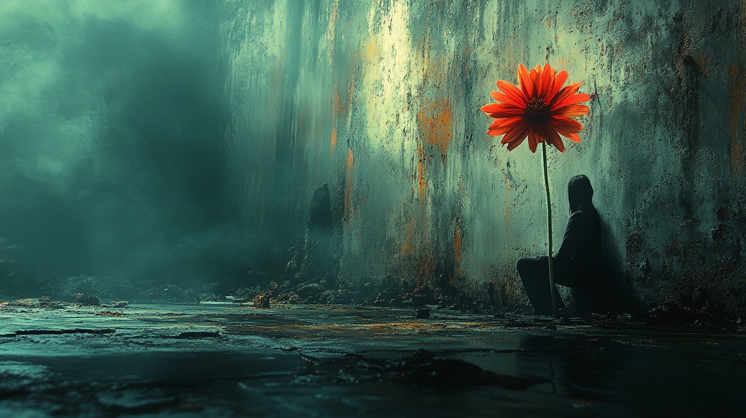 Une personne déçue est assise seule, regardant une fleur fanée.