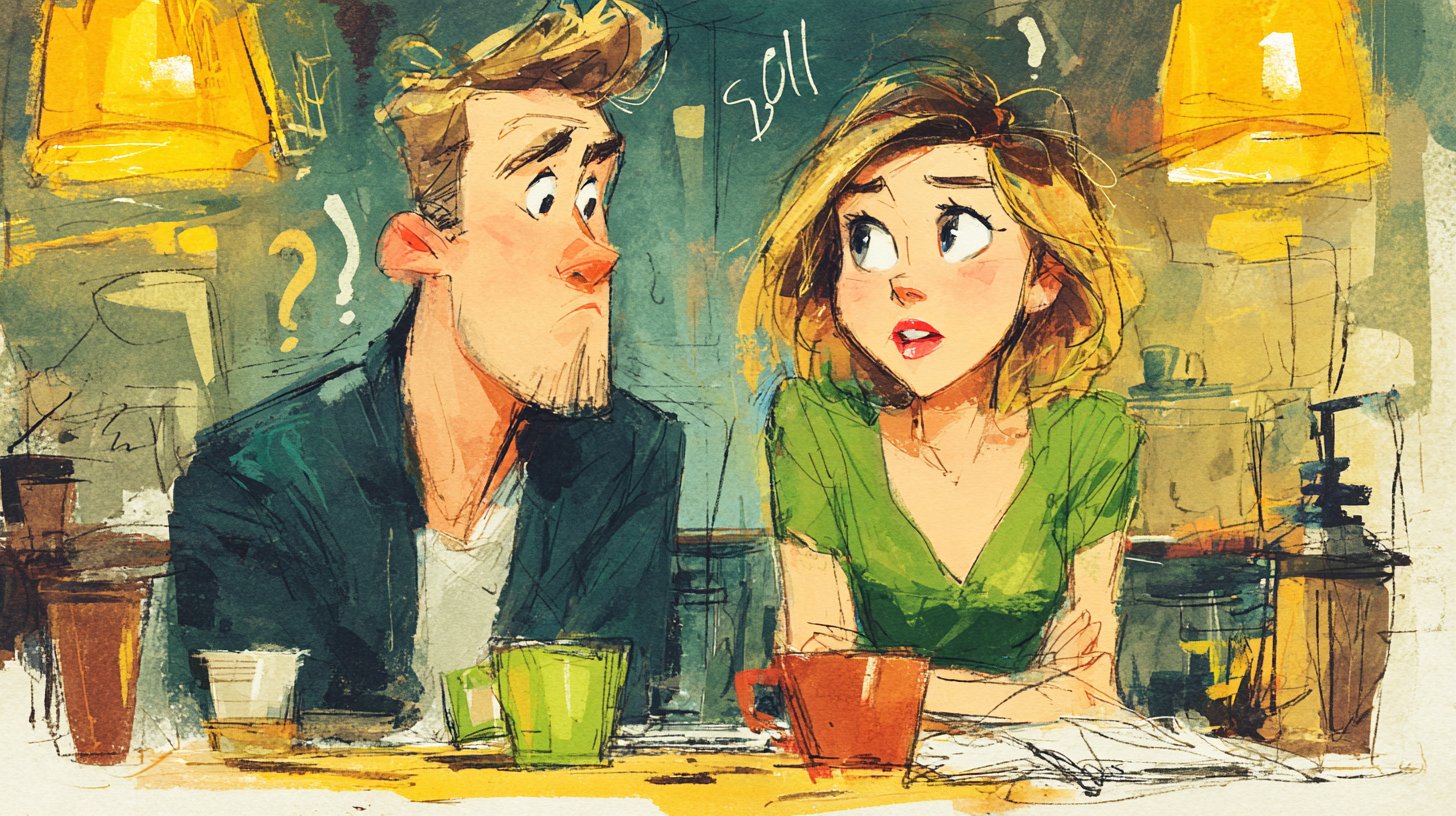 Zwei Personen am Küchentisch im ernsthaften Gespräch.