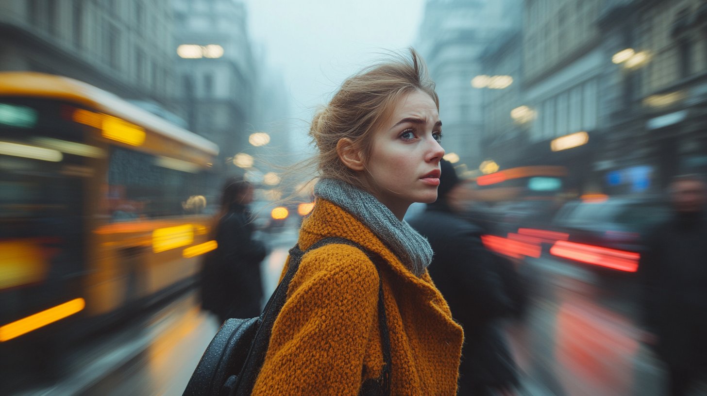Eine gestresste junge Frau inmitten einer hektischen Stadt.