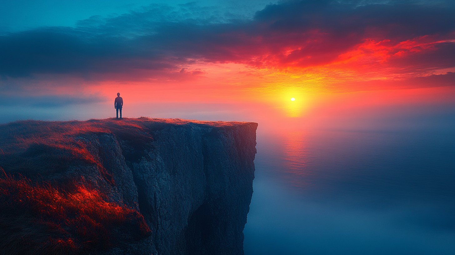 Eine einsame Figur an einem Klippenrand, die in den Horizont schaut.