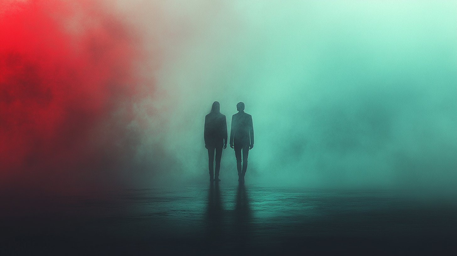 Zwei Personen stehen mit dem Rücken zueinander in einem Nebel, der Missverständnisse symbolisiert.