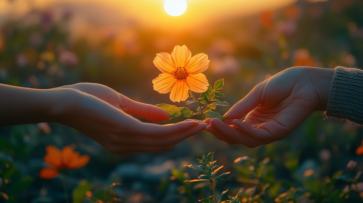 Hände tauschen eine kleine Blume aus.