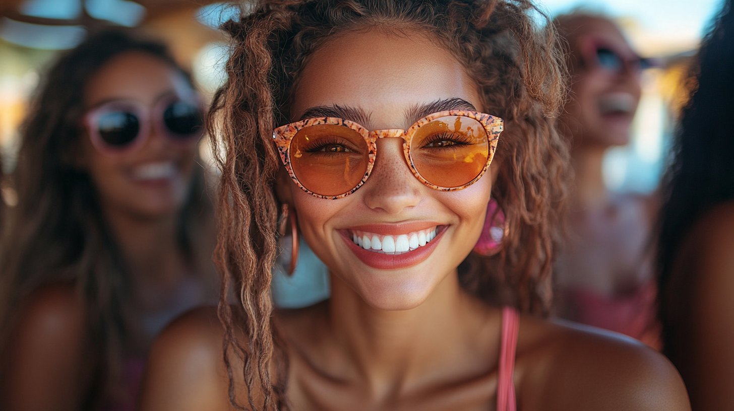 A joyful, candid moment of laughter shared between friends.