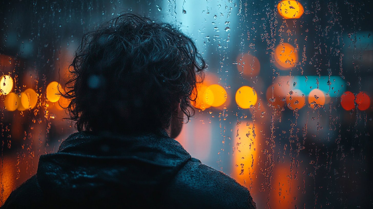 Hinter einem regnerischen Fenster schaut eine Person heraus, gefangen in Einsamkeit und Unzufriedenheit.