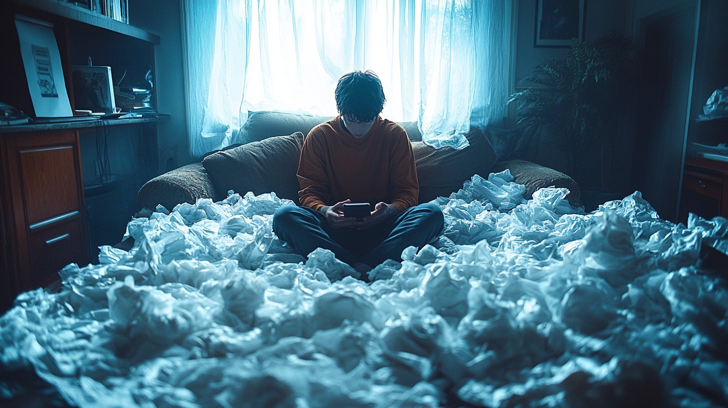 Allein auf der Couch, umgeben von zerknüllten Taschentüchern, zeigt eine Person tiefen Kummer.