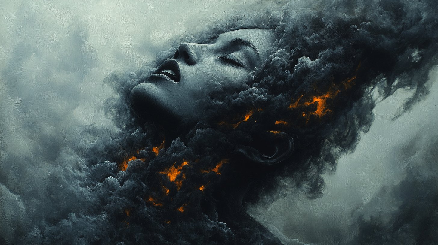 Eine Figur, umhüllt von Schatten und harten Worten in Form von dunklen Wolken.