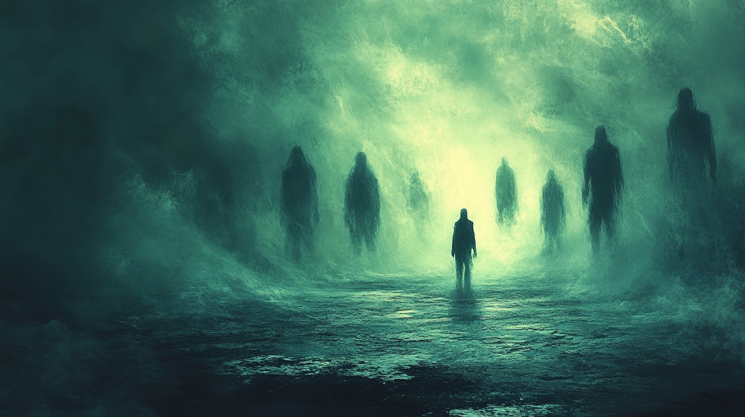 Eine einsame Figur, umgeben von schwebenden Schatten, die Abwesenheit darstellen.