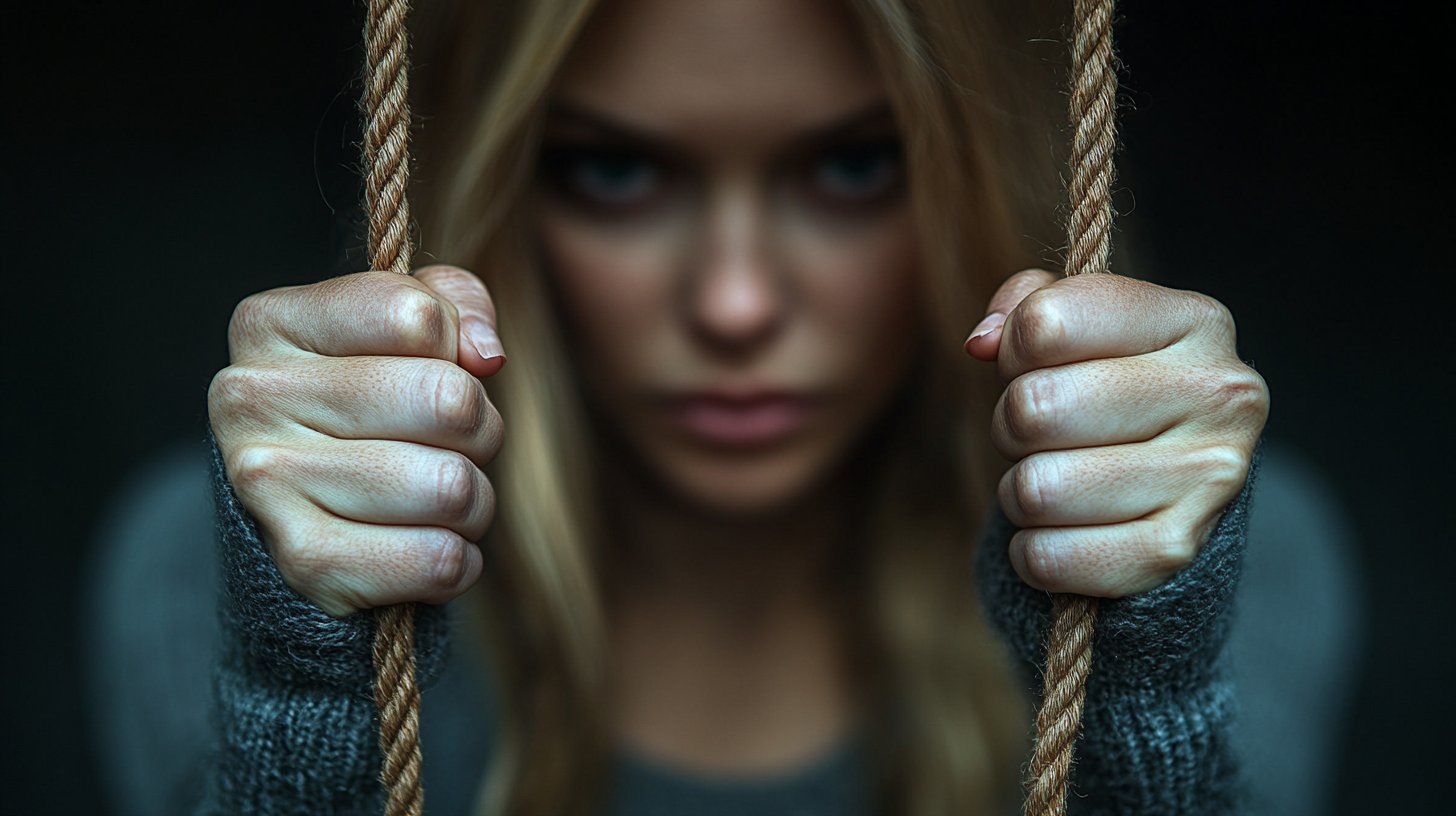 Eine Nahaufnahme der Hand einer Frau, die Puppenschnüre zieht, unterlegt mit subtilen Frustrationen in ihrem Gesicht.