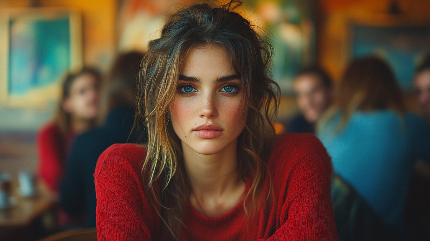 Eine Frau sitzt allein in einem Café und sieht traurig aus, während eine Gruppe Freunde in der Nähe kichert und flüstert.