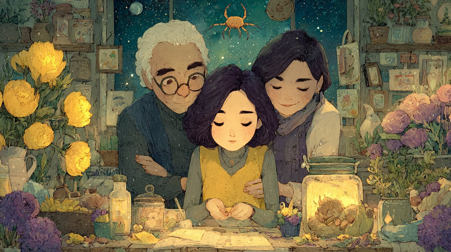 Eine Krebs-Zodiakfigur, umgeben von Familie, genießt herzliche Momente.