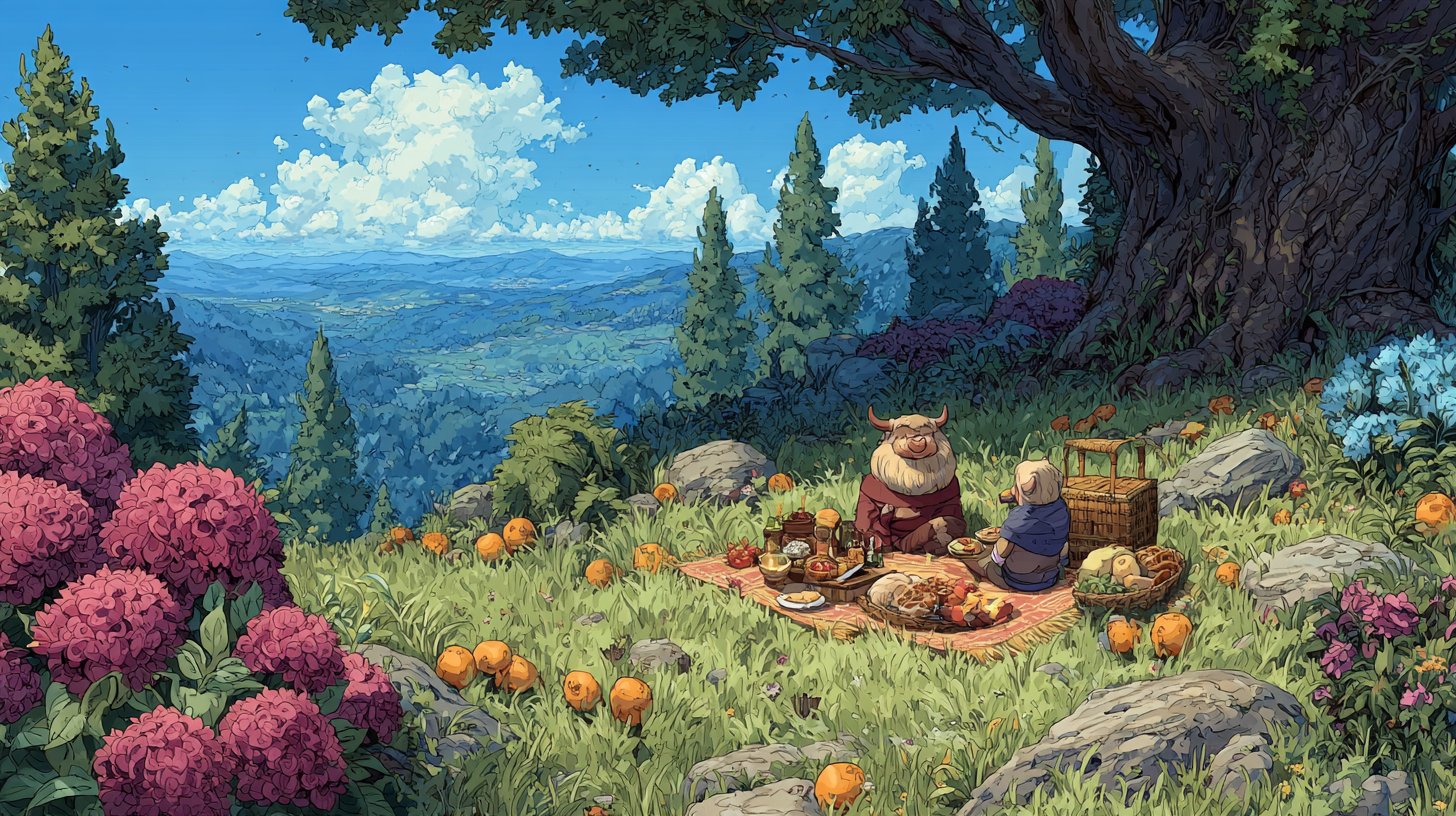 Fröhliche Stier-Zodiakfigur beim Picknick in der Natur.